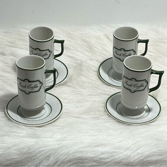 Vintage Knobler Japan White & Green Irish Coffee Mug/Saucer -- Set of 4 - Picture 3 of 9